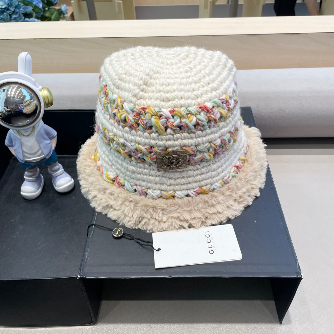 GUCC I古奇彩色针织毛线帽子冬天女款大头围加厚保暖毛绒帽子百搭显脸小盆帽
