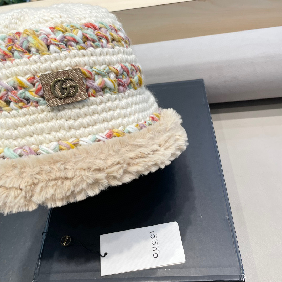 GUCC I古奇彩色针织毛线帽子冬天女款大头围加厚保暖毛绒帽子百搭显脸小盆帽