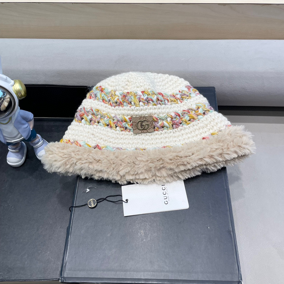 GUCC I古奇彩色针织毛线帽子冬天女款大头围加厚保暖毛绒帽子百搭显脸小盆帽