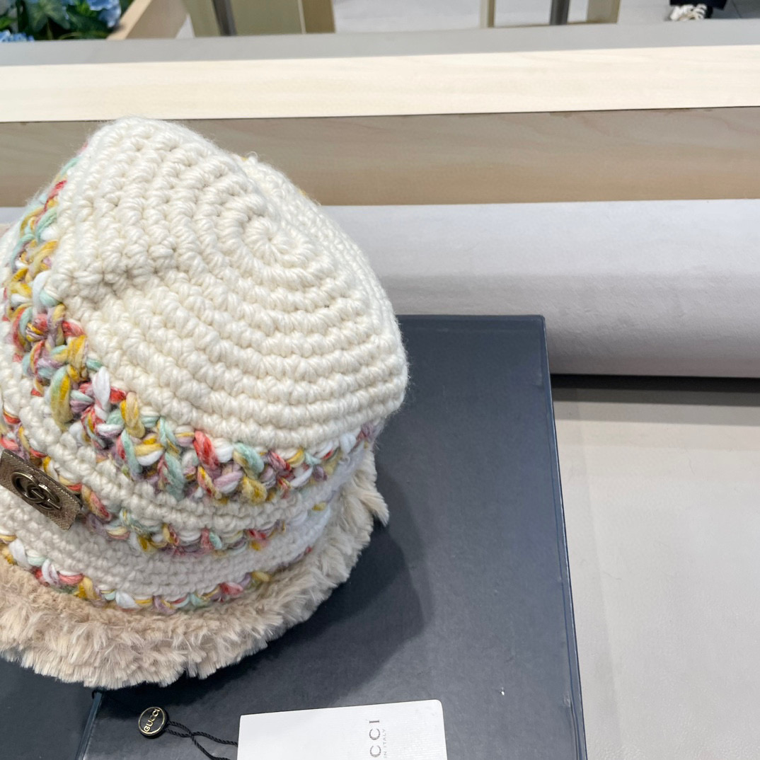 GUCC I古奇彩色针织毛线帽子冬天女款大头围加厚保暖毛绒帽子百搭显脸小盆帽