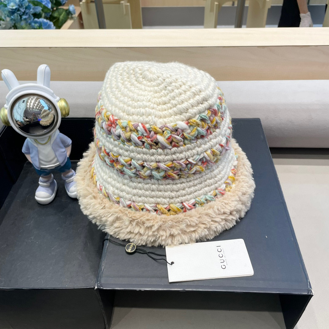 GUCC I古奇彩色针织毛线帽子冬天女款大头围加厚保暖毛绒帽子百搭显脸小盆帽