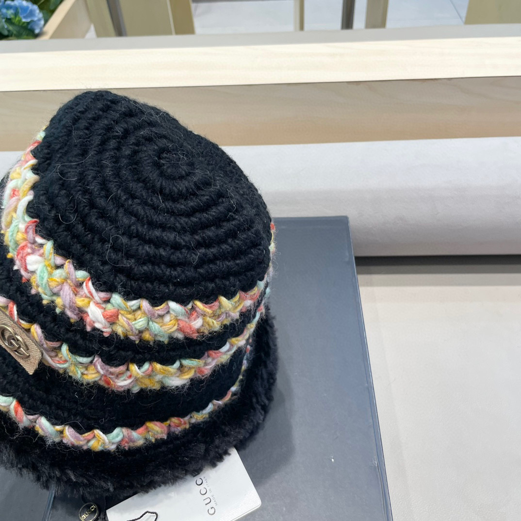 GUCC I古奇彩色针织毛线帽子冬天女款大头围加厚保暖毛绒帽子百搭显脸小盆帽