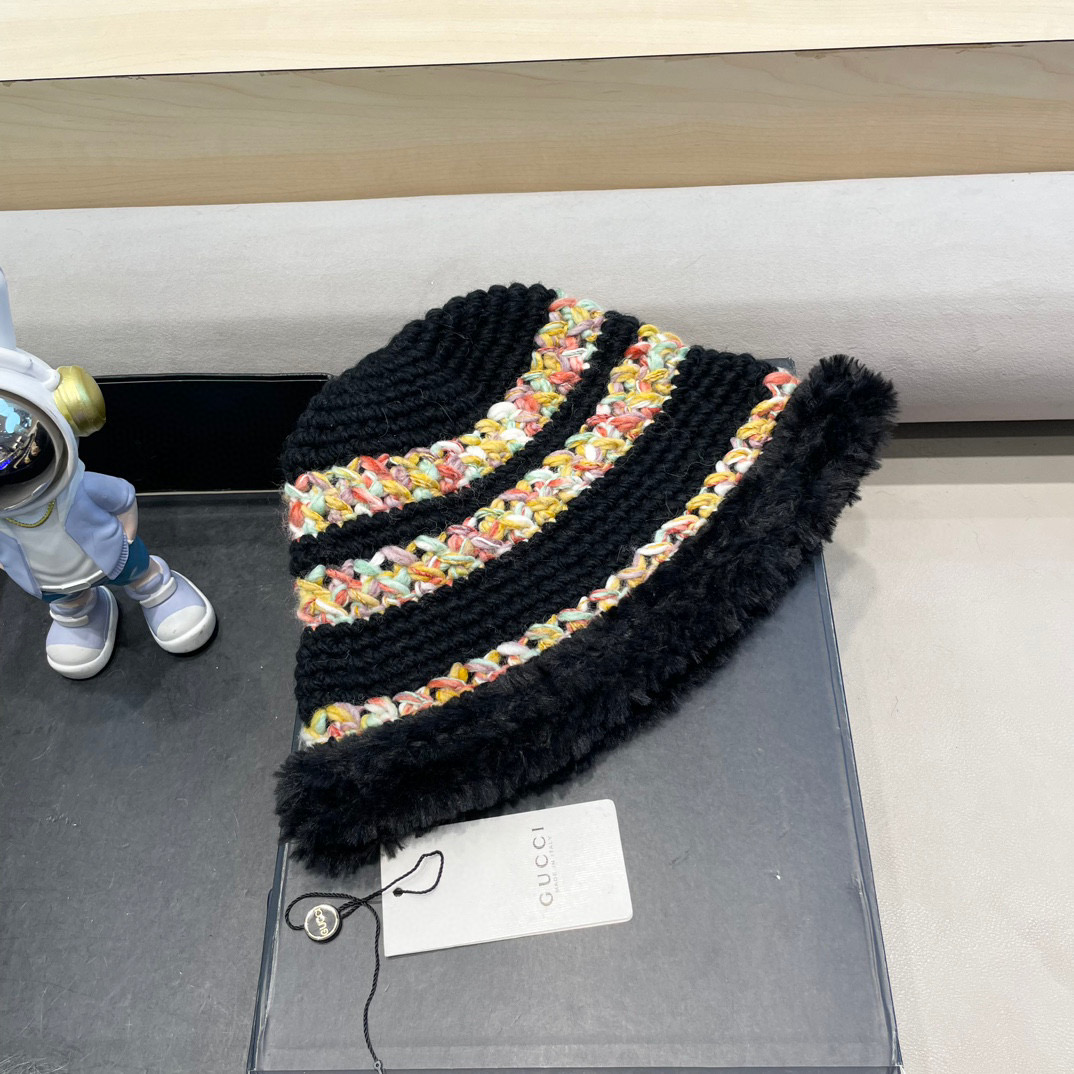 GUCC I古奇彩色针织毛线帽子冬天女款大头围加厚保暖毛绒帽子百搭显脸小盆帽