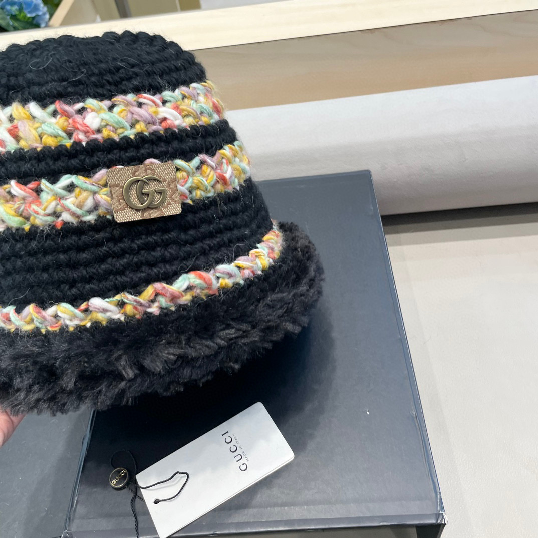GUCC I古奇彩色针织毛线帽子冬天女款大头围加厚保暖毛绒帽子百搭显脸小盆帽