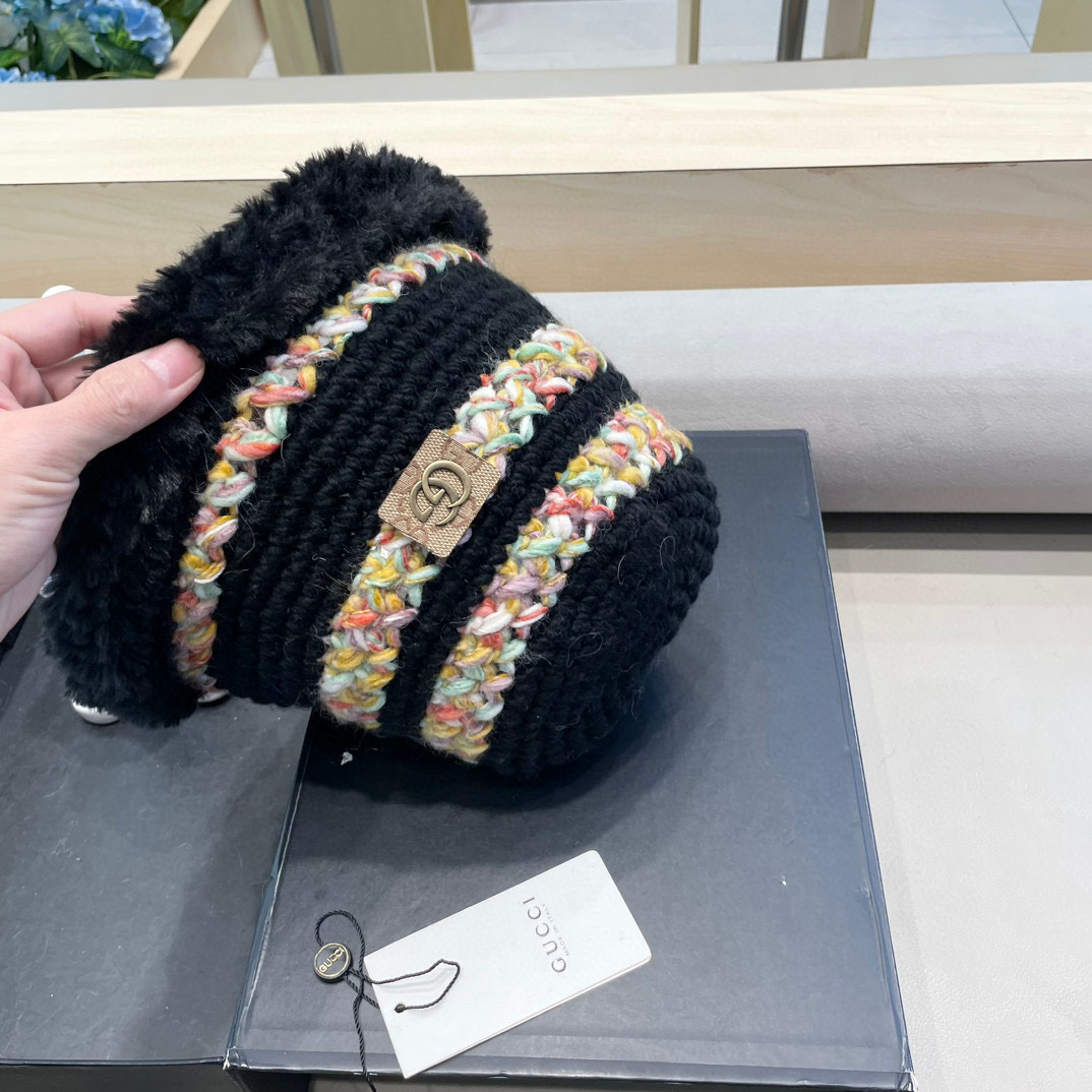 GUCC I古奇彩色针织毛线帽子冬天女款大头围加厚保暖毛绒帽子百搭显脸小盆帽