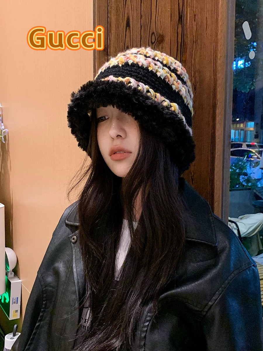 GUCC I古奇彩色针织毛线帽子冬天女款大头围加厚保暖毛绒帽子百搭显脸小盆帽