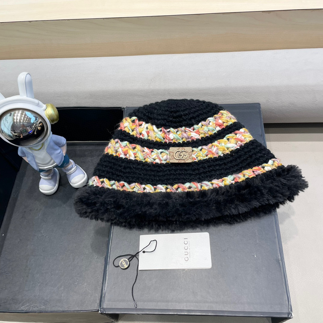 GUCC I古奇彩色针织毛线帽子冬天女款大头围加厚保暖毛绒帽子百搭显脸小盆帽