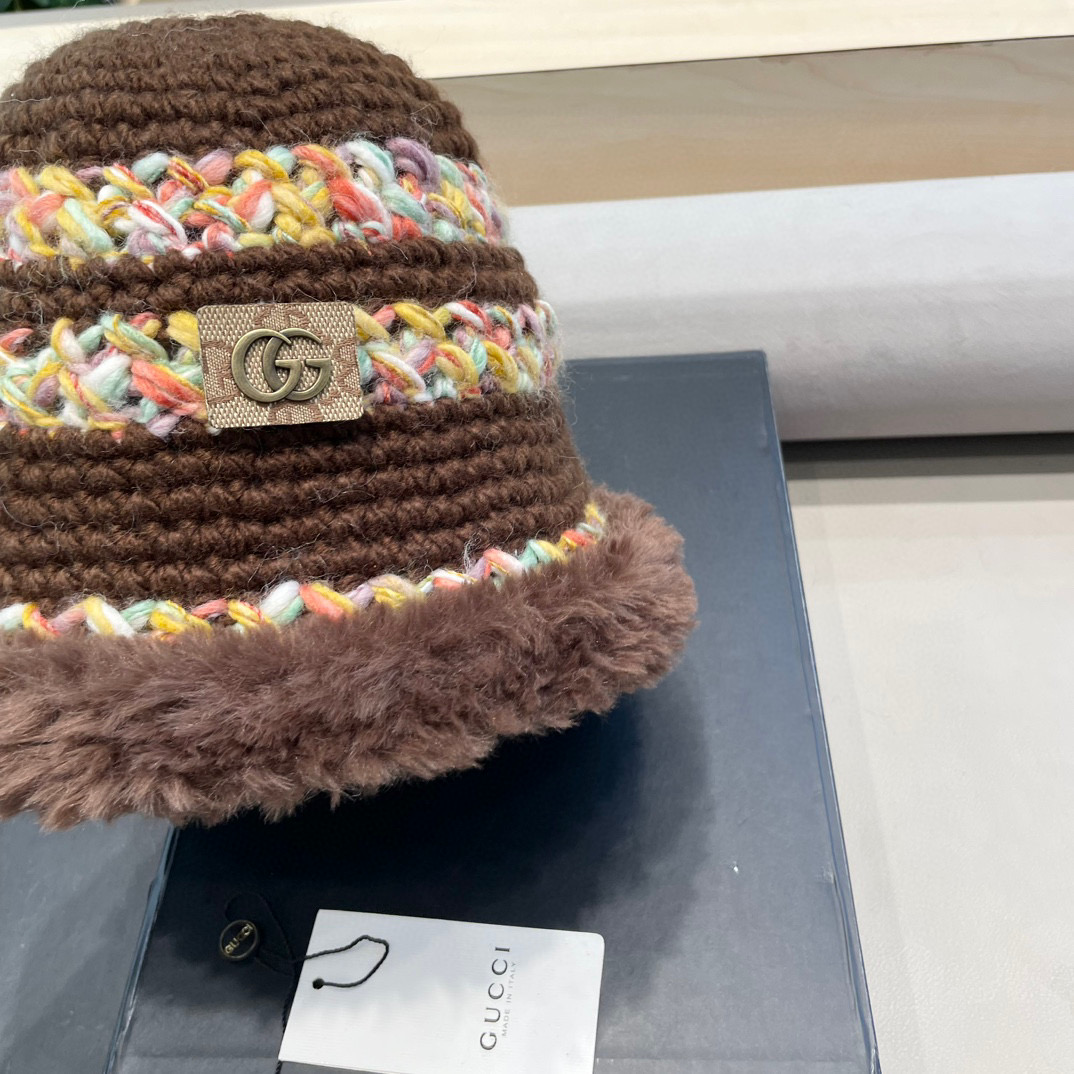 GUCC I古奇彩色针织毛线帽子冬天女款大头围加厚保暖毛绒帽子百搭显脸小盆帽