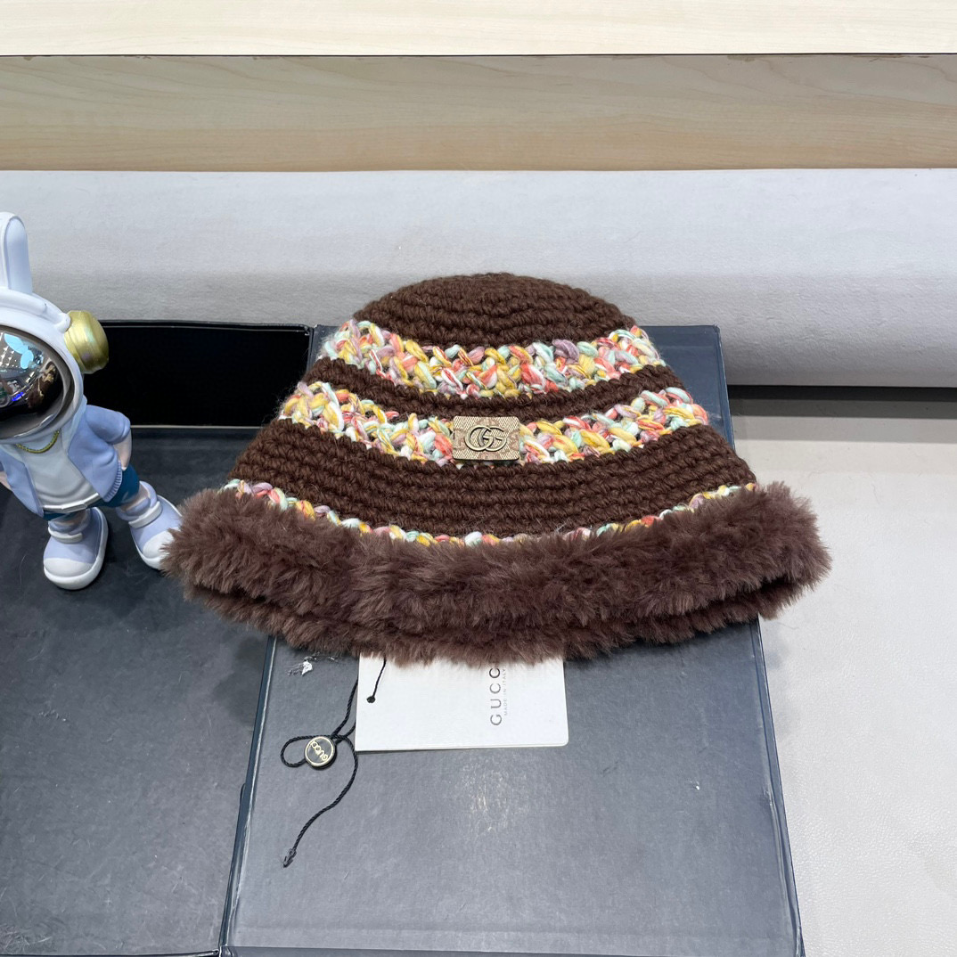 GUCC I古奇彩色针织毛线帽子冬天女款大头围加厚保暖毛绒帽子百搭显脸小盆帽