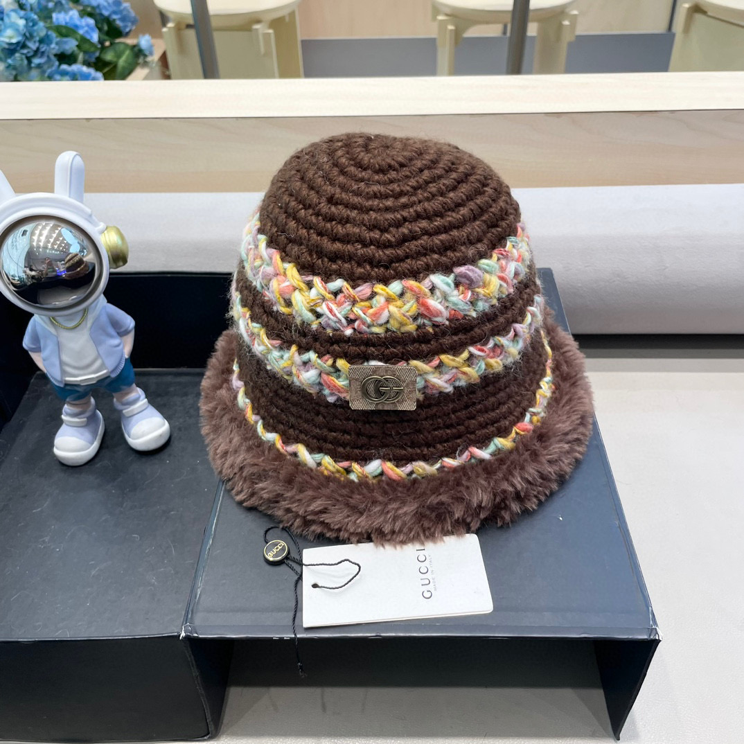 GUCC I古奇彩色针织毛线帽子冬天女款大头围加厚保暖毛绒帽子百搭显脸小盆帽