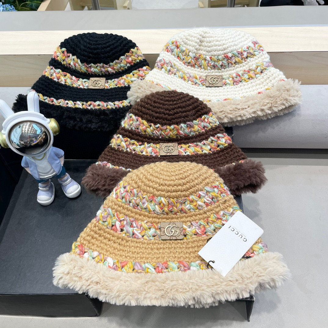 GUCC I古奇彩色针织毛线帽子冬天女款大头围加厚保暖毛绒帽子百搭显脸小盆帽