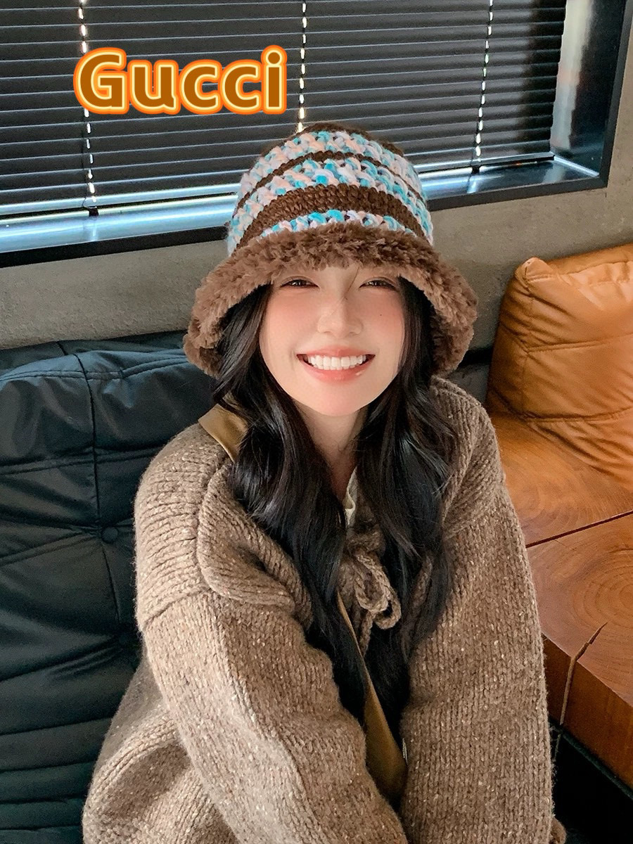 GUCC I古奇彩色针织毛线帽子冬天女款大头围加厚保暖毛绒帽子百搭显脸小盆帽