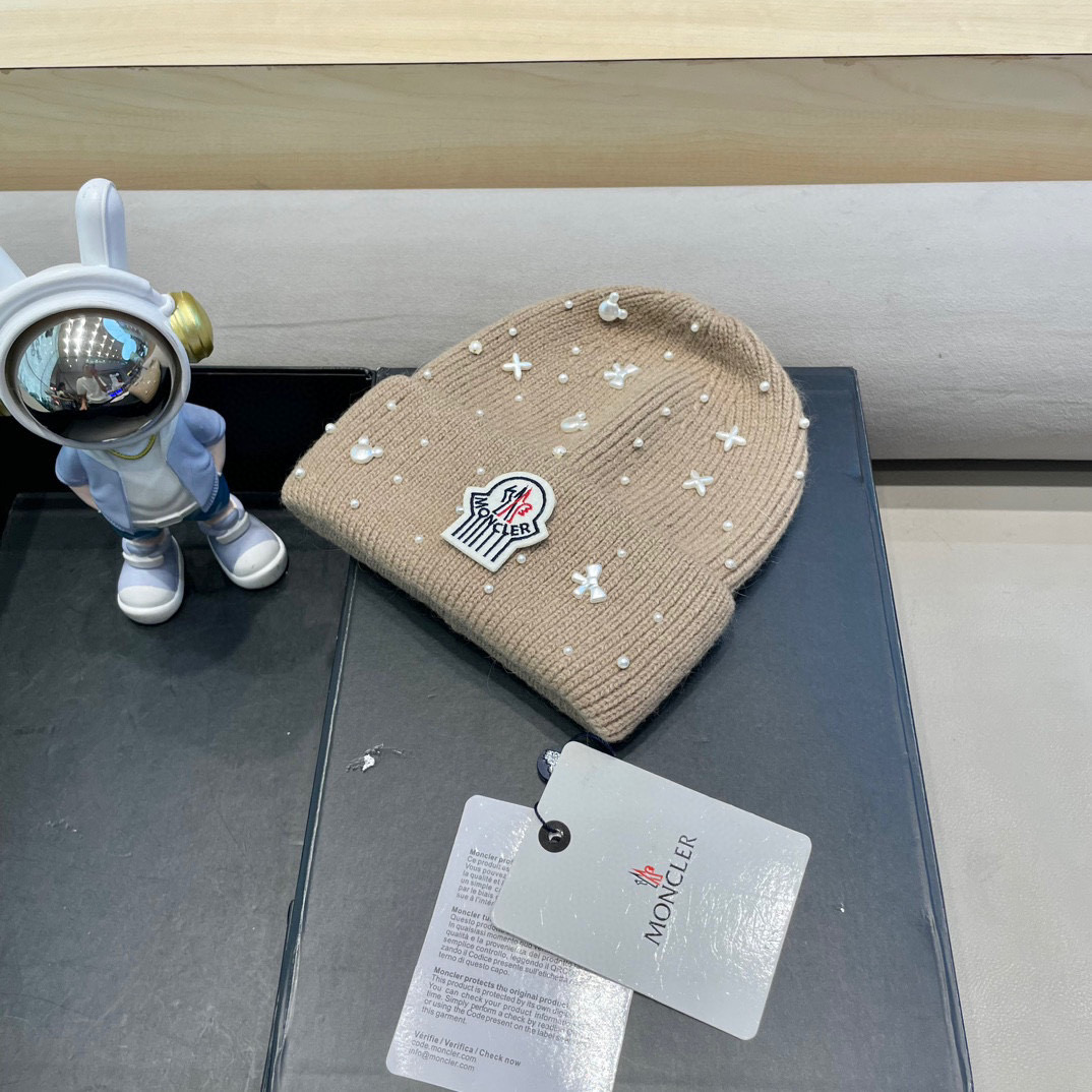 moncler重工艺新款珍珠蝴蝶结护耳针织帽子女秋冬兔毛混纺防寒保暖包头帽