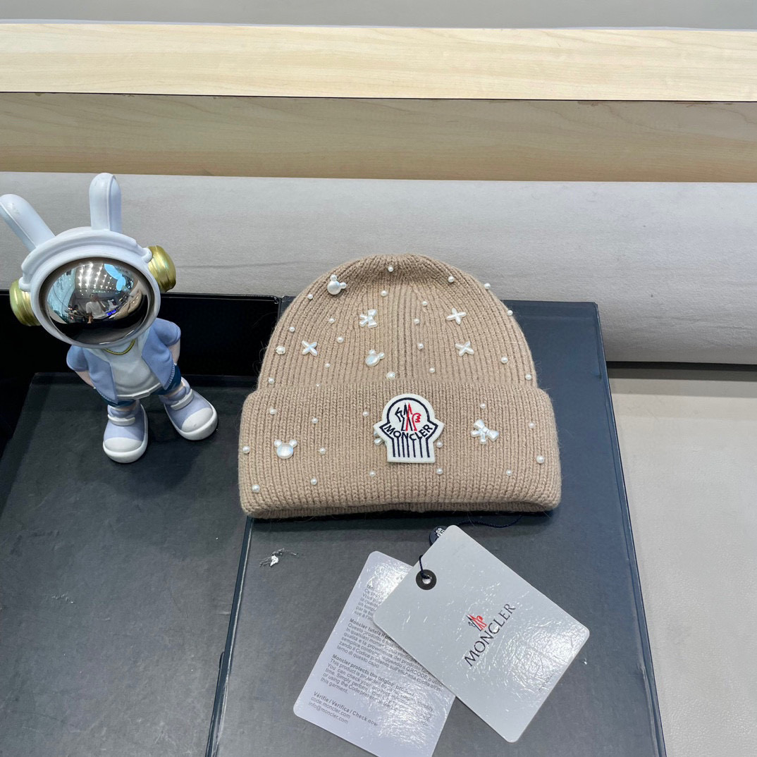 moncler重工艺新款珍珠蝴蝶结护耳针织帽子女秋冬兔毛混纺防寒保暖包头帽
