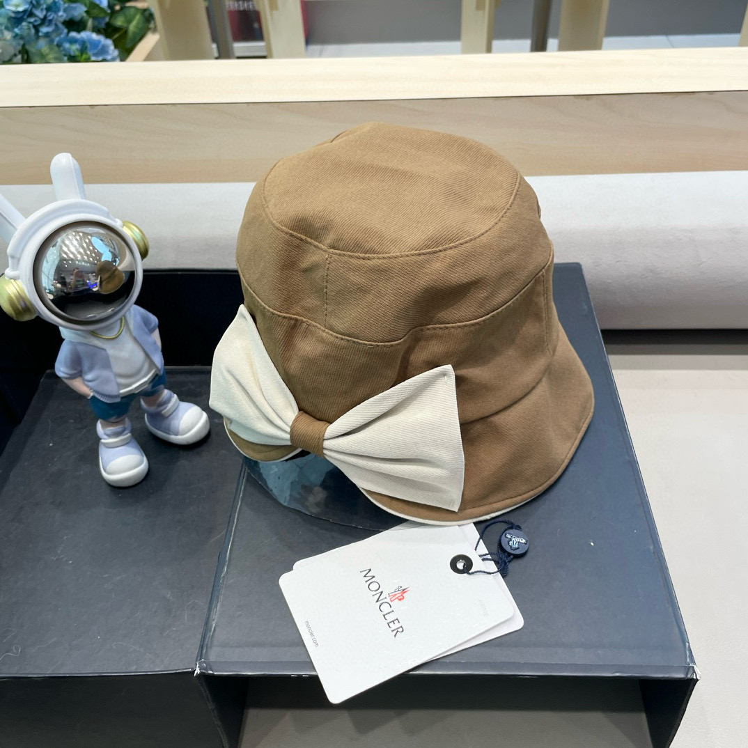 moncler撞色蝴蝶结渔夫帽女春秋新款时尚显脸小盆帽韩版宽檐百搭遮脸帽子
