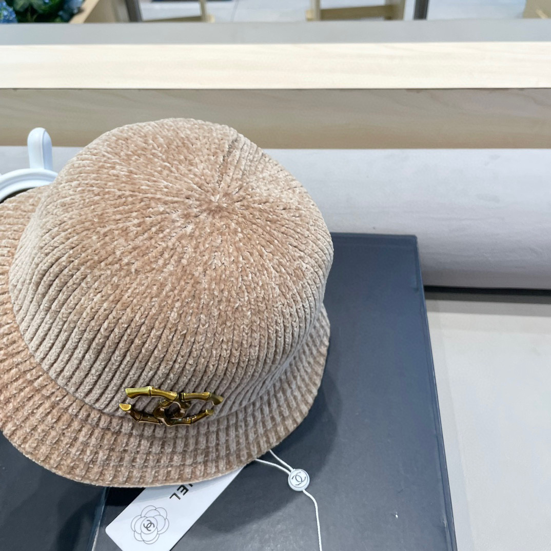 Chanel 纯色针织雪尼尔渔夫帽女短檐秋冬百搭休闲韩版显脸小网红水桶盆帽