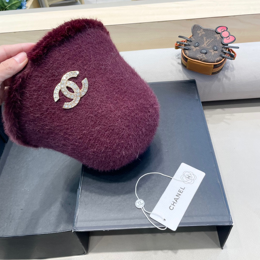 Chanel香奈儿简约毛绒针织渔夫帽子女秋冬素颜休闲百搭盆帽保暖水桶帽