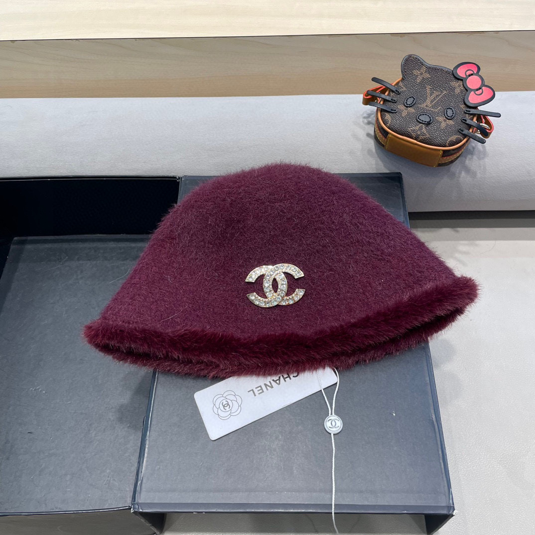 Chanel香奈儿简约毛绒针织渔夫帽子女秋冬素颜休闲百搭盆帽保暖水桶帽