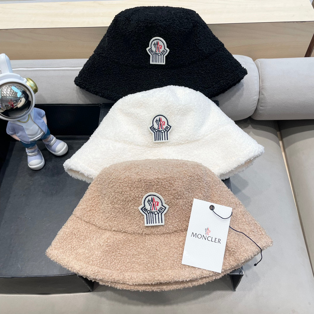 moncler帽子女秋冬韩版羊羔毛渔夫帽显脸复古百搭保暖日系盆帽大檐钓鱼帽
