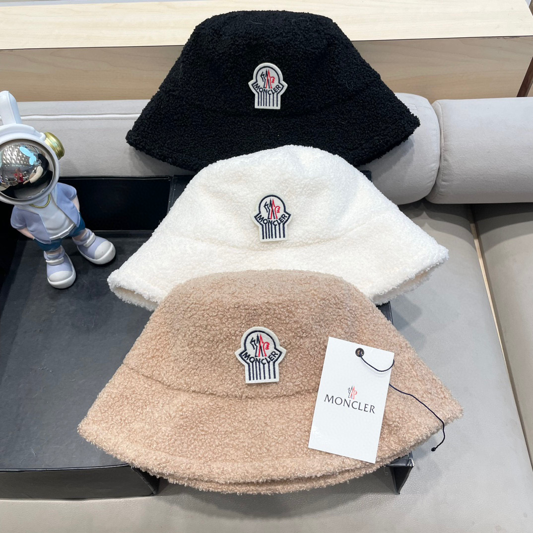 moncler帽子女秋冬韩版羊羔毛渔夫帽显脸复古百搭保暖日系盆帽大檐钓鱼帽