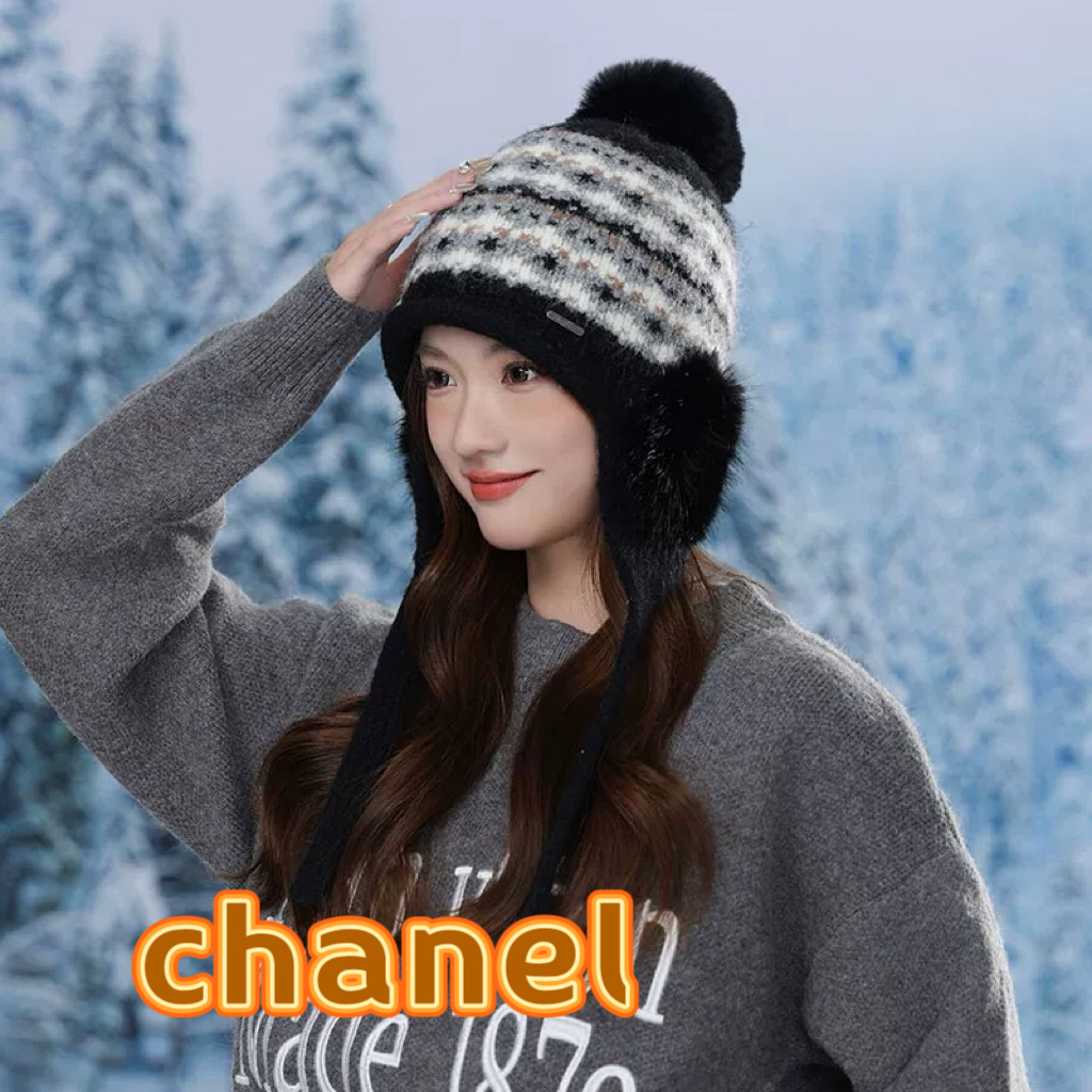 Chanel香奈儿冬季欧美大头围针织毛线帽加绒保暖护耳套头帽子女户外防寒雷锋帽