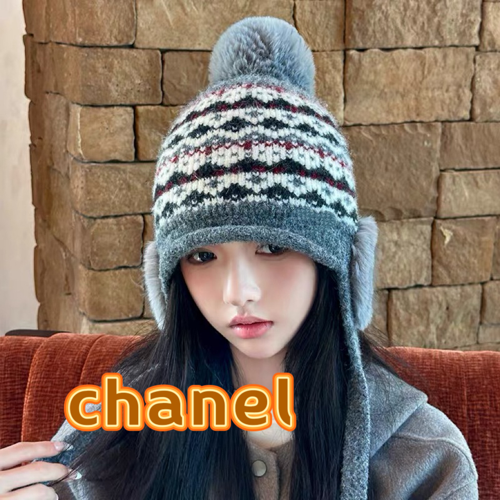 Chanel香奈儿冬季欧美大头围针织毛线帽加绒保暖护耳套头帽子女户外防寒雷锋帽