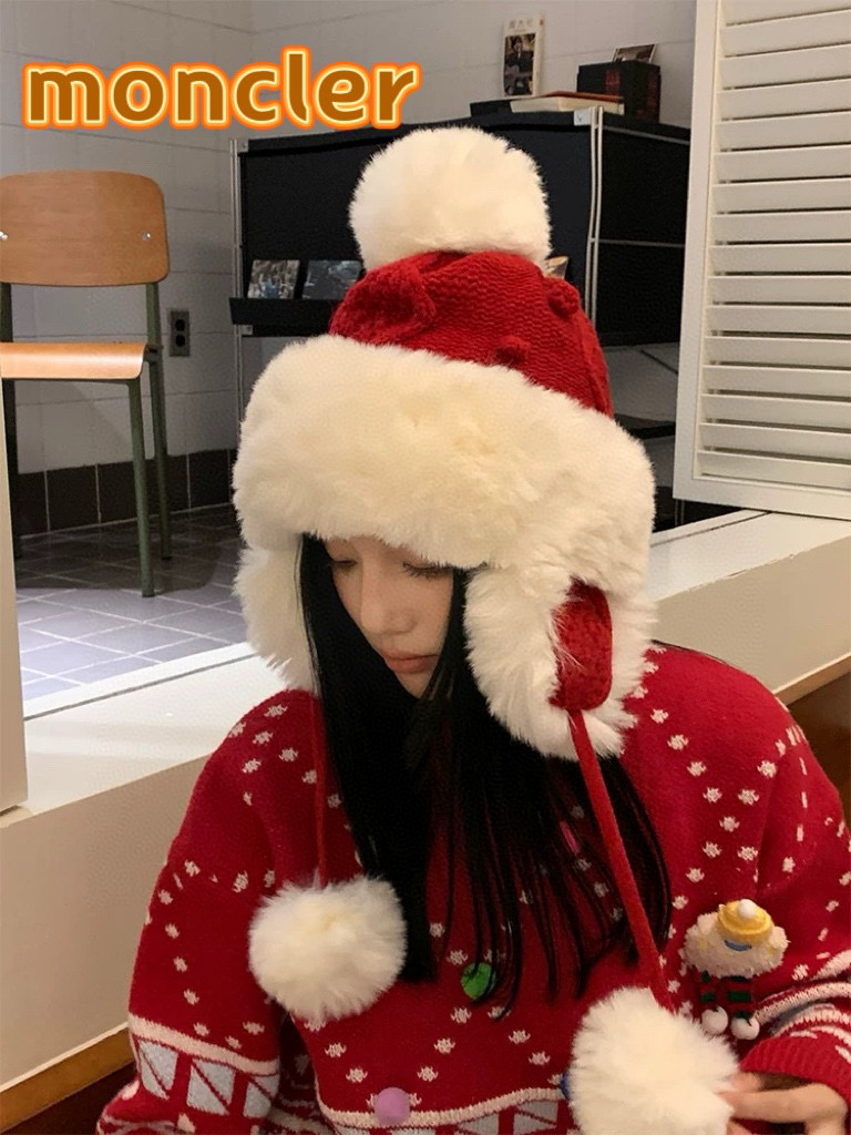 MONCLER蒙口2026新款加厚毛绒雷锋帽女冬季保暖骑车防寒保暖蒙古帽防冻针织帽