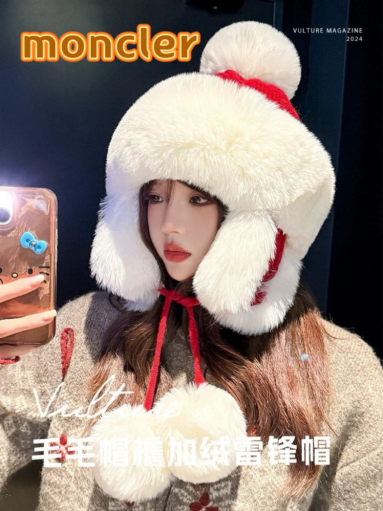 MONCLER蒙口2026新款加厚毛绒雷锋帽女冬季保暖骑车防寒保暖蒙古帽防冻针织帽
