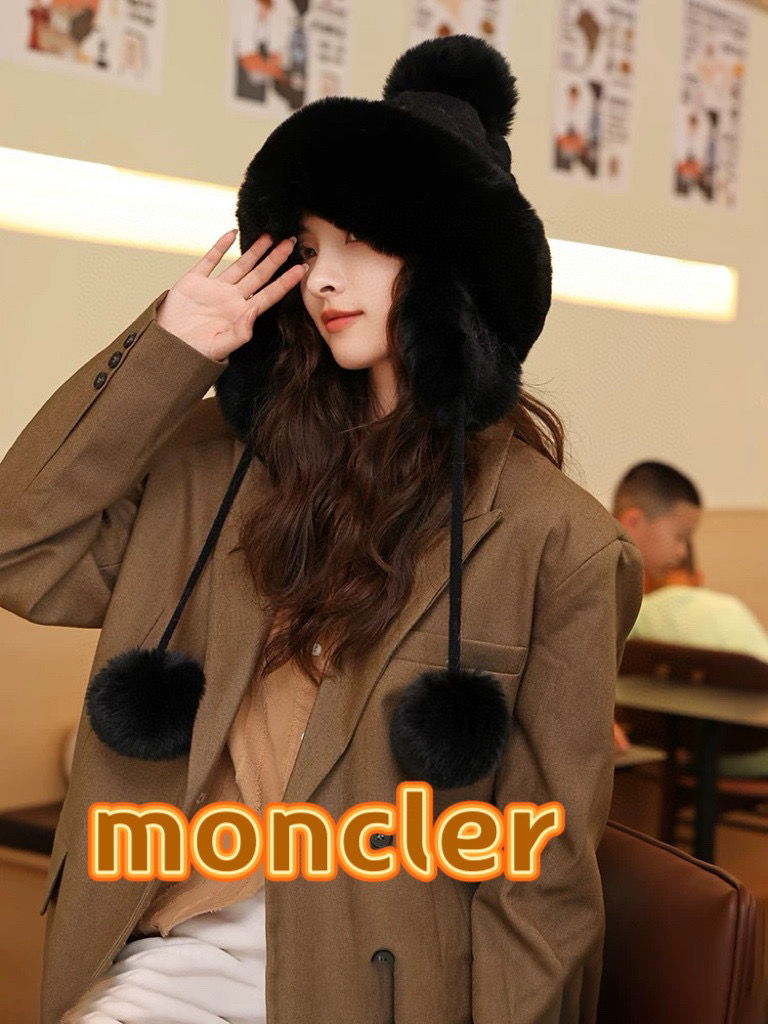 MONCLER蒙口2026新款加厚毛绒雷锋帽女冬季保暖骑车防寒保暖蒙古帽防冻针织帽