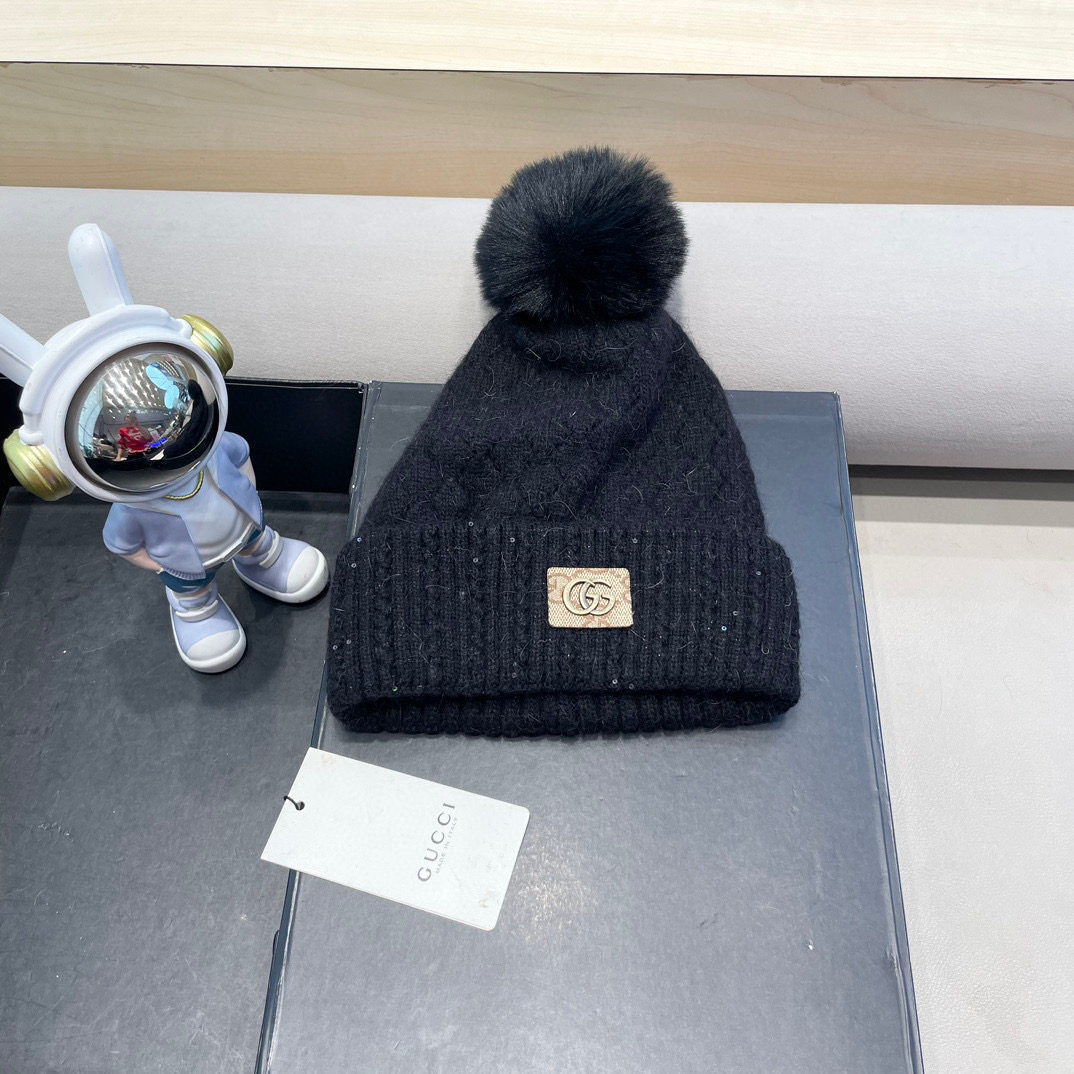 古奇GUCCI毛球毛线帽秋冬季加绒加厚韩版针织女百搭保暖套头护耳帽子
