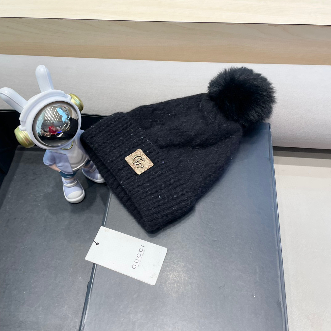古奇GUCCI毛球毛线帽秋冬季加绒加厚韩版针织女百搭保暖套头护耳帽子