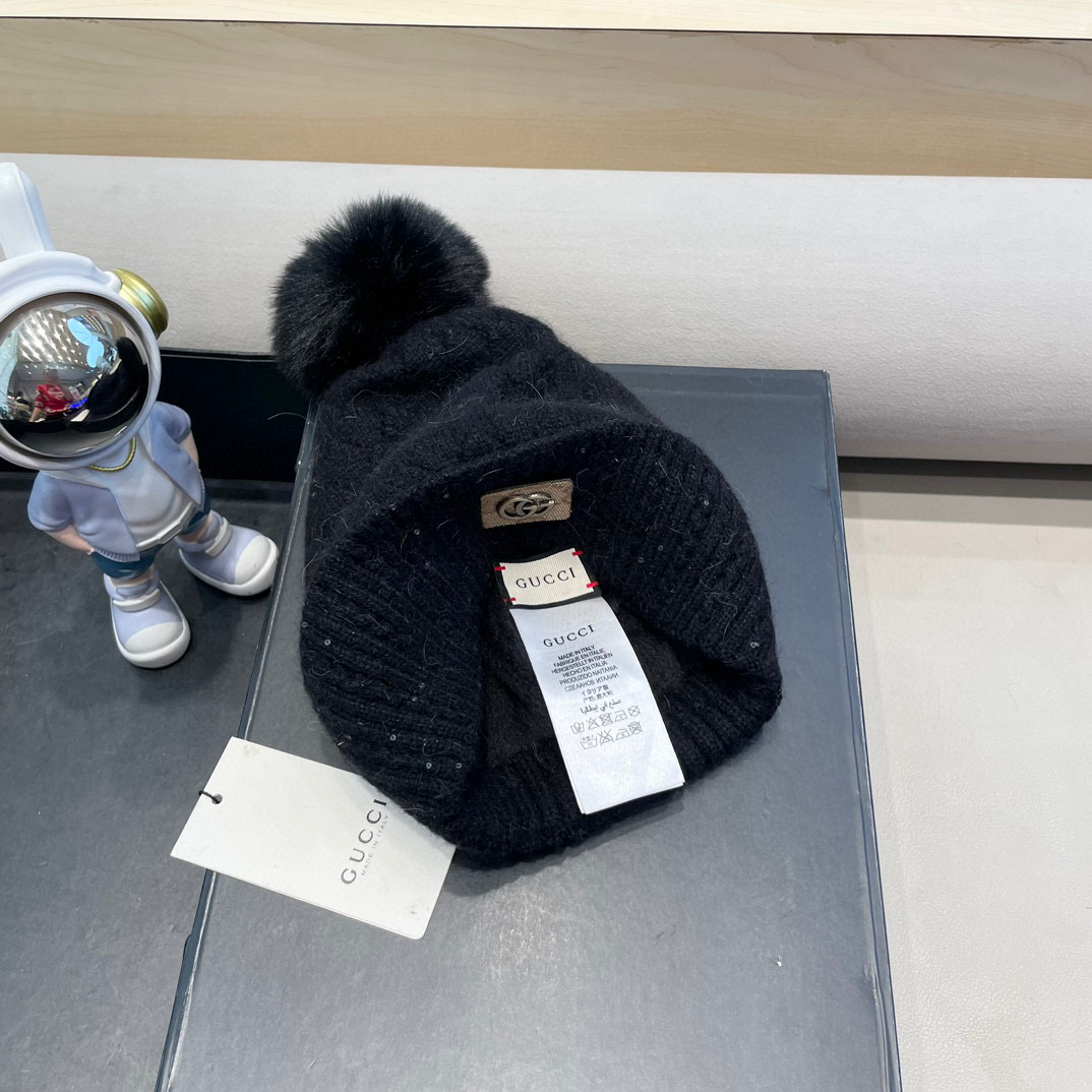 古奇GUCCI毛球毛线帽秋冬季加绒加厚韩版针织女百搭保暖套头护耳帽子
