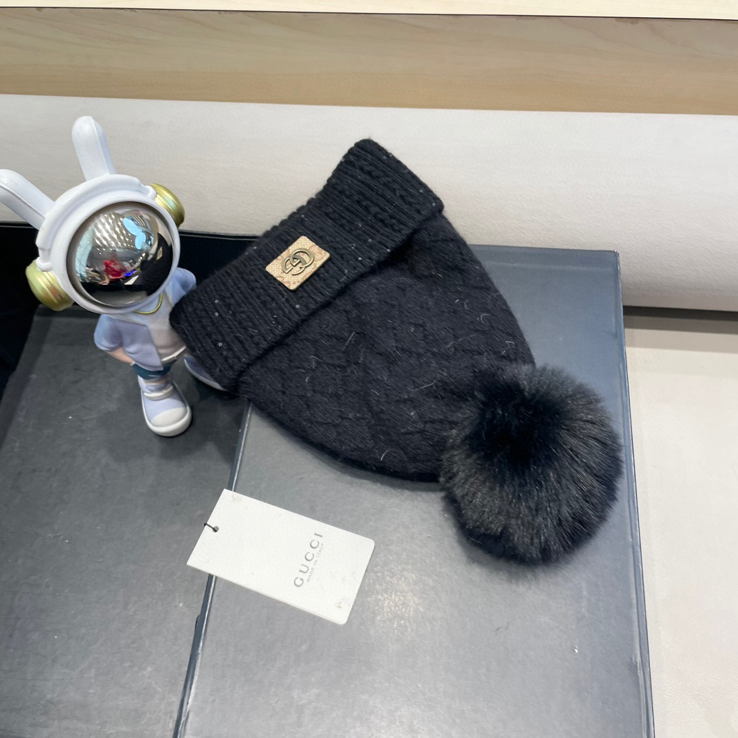 古奇GUCCI毛球毛线帽秋冬季加绒加厚韩版针织女百搭保暖套头护耳帽子