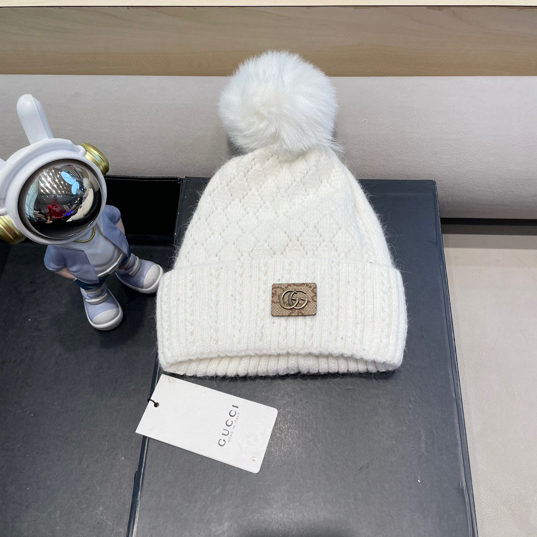 古奇GUCCI毛球毛线帽秋冬季加绒加厚韩版针织女百搭保暖套头护耳帽子