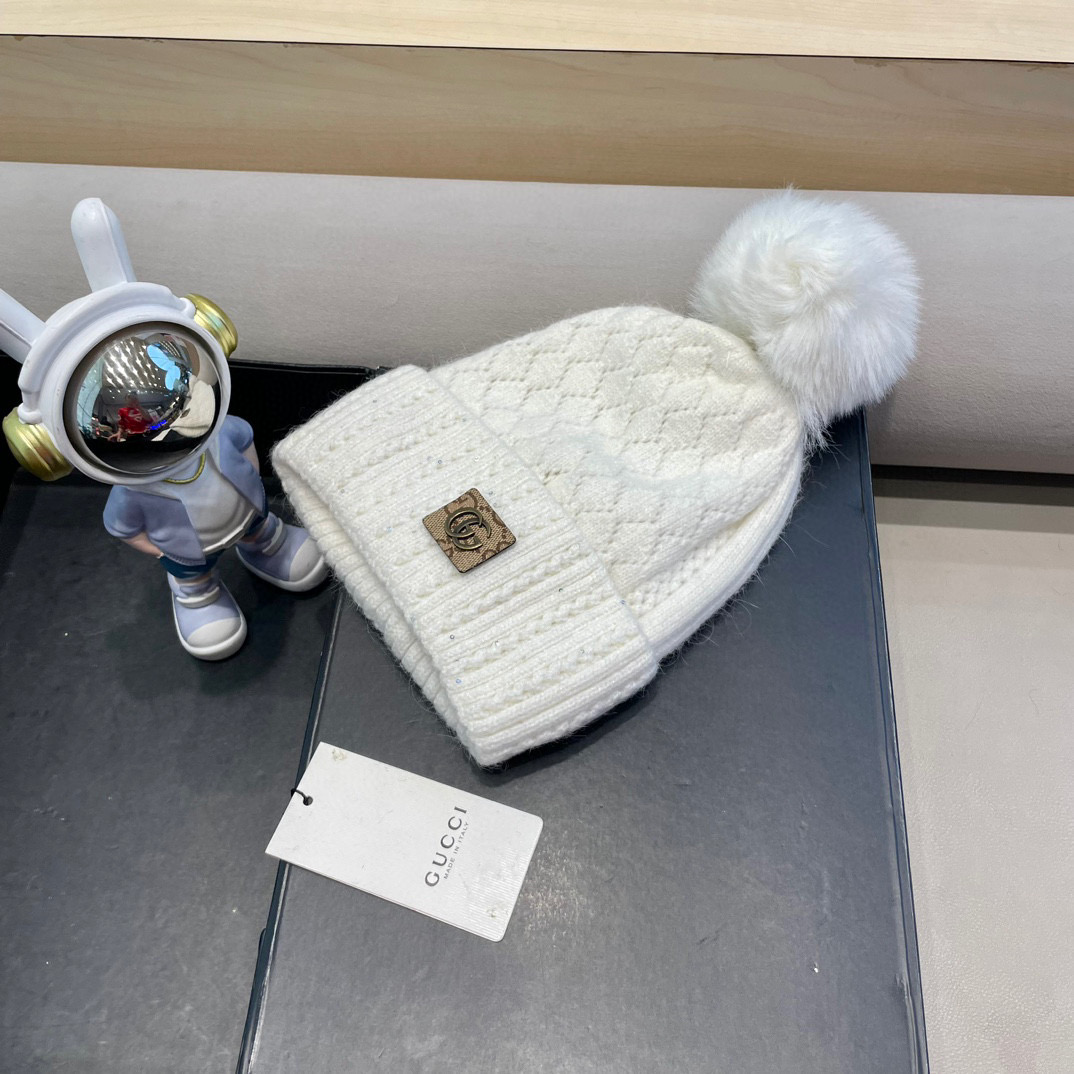 古奇GUCCI毛球毛线帽秋冬季加绒加厚韩版针织女百搭保暖套头护耳帽子