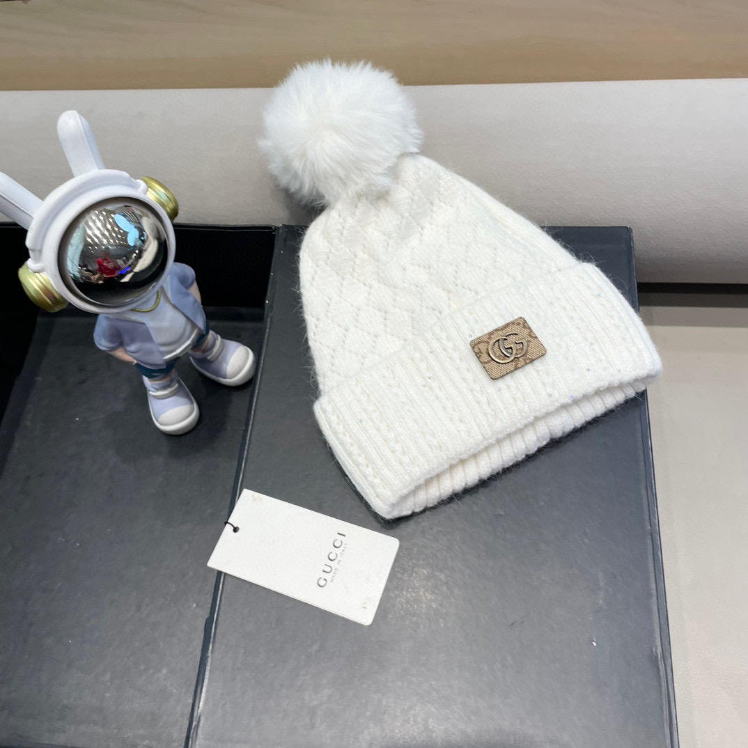 古奇GUCCI毛球毛线帽秋冬季加绒加厚韩版针织女百搭保暖套头护耳帽子