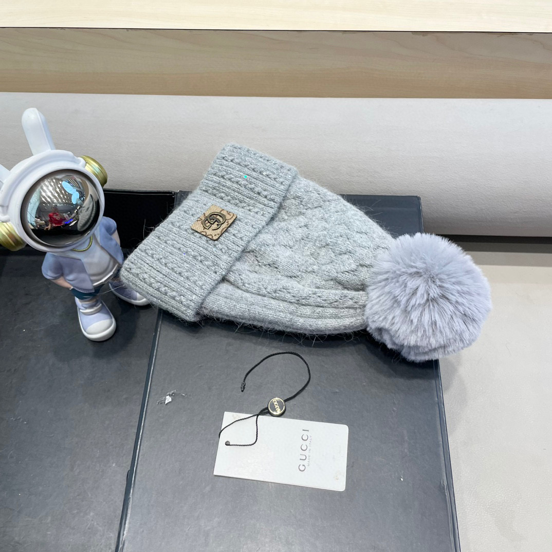 古奇GUCCI毛球毛线帽秋冬季加绒加厚韩版针织女百搭保暖套头护耳帽子