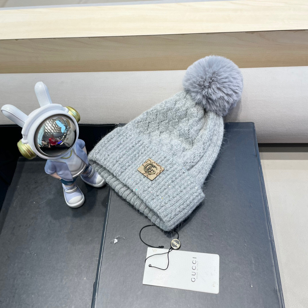 古奇GUCCI毛球毛线帽秋冬季加绒加厚韩版针织女百搭保暖套头护耳帽子