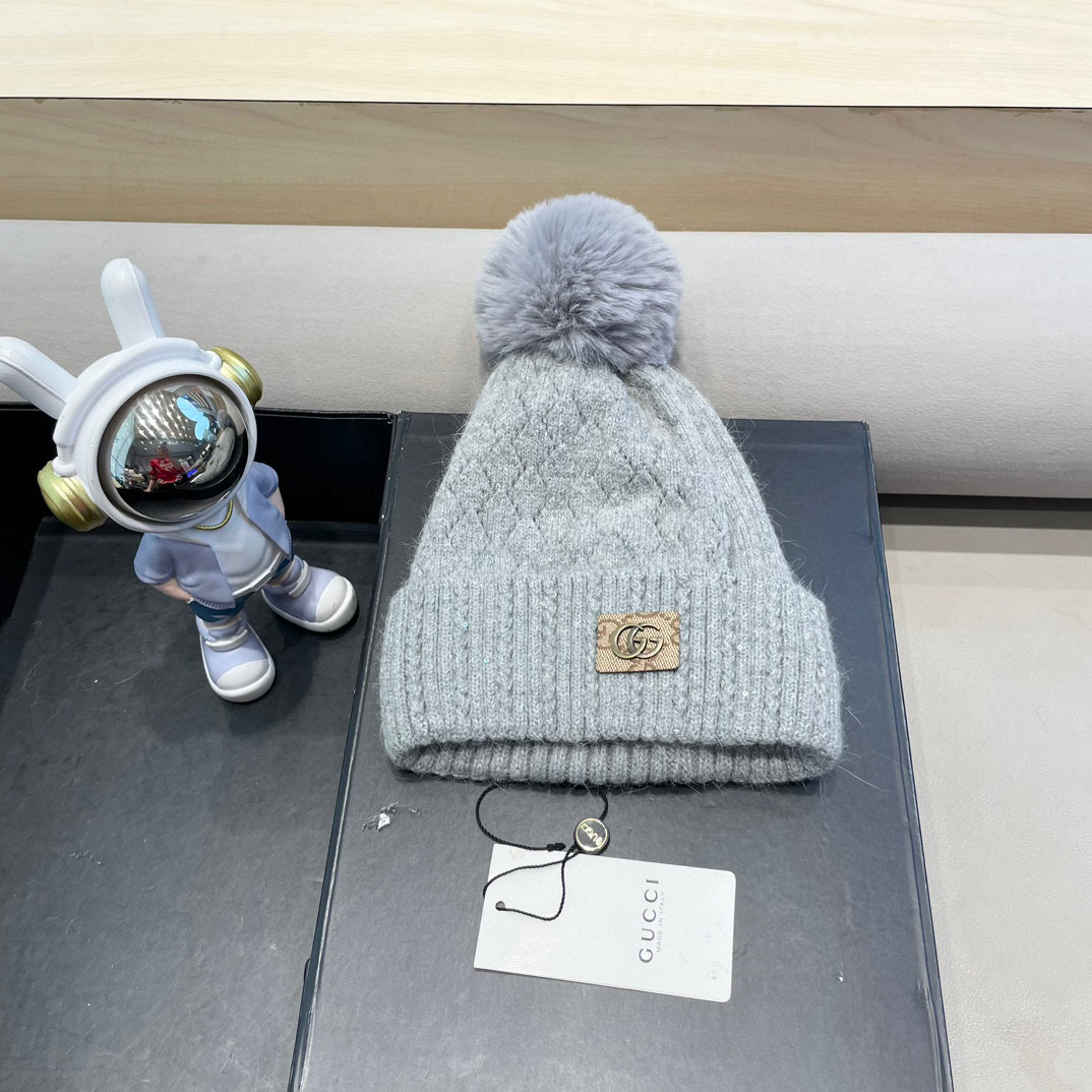 古奇GUCCI毛球毛线帽秋冬季加绒加厚韩版针织女百搭保暖套头护耳帽子