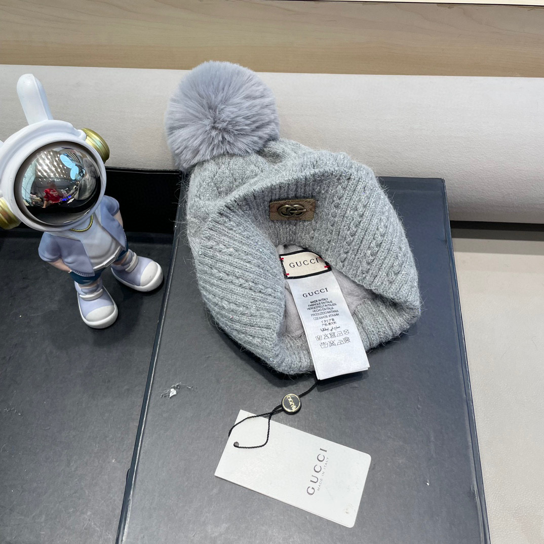 古奇GUCCI毛球毛线帽秋冬季加绒加厚韩版针织女百搭保暖套头护耳帽子