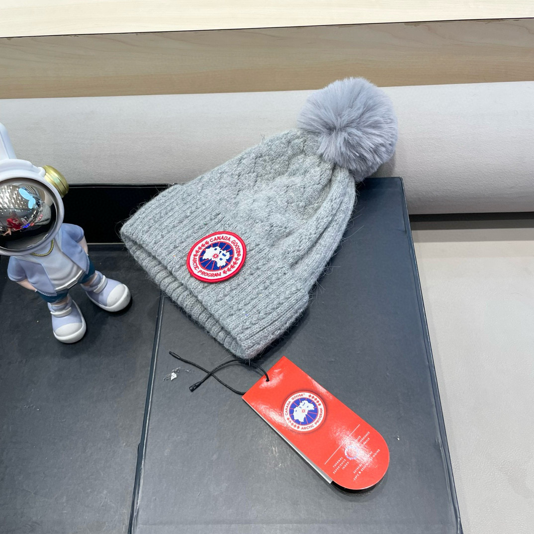 加拿大GOOSE大鹅真狐狸毛球毛线帽秋冬加绒加厚针织女保暖套头帽