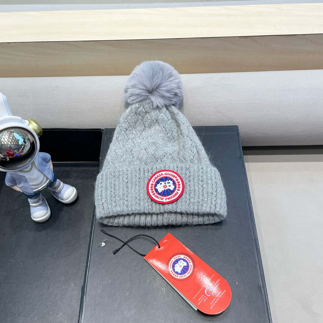 加拿大GOOSE大鹅真狐狸毛球毛线帽秋冬加绒加厚针织女保暖套头帽