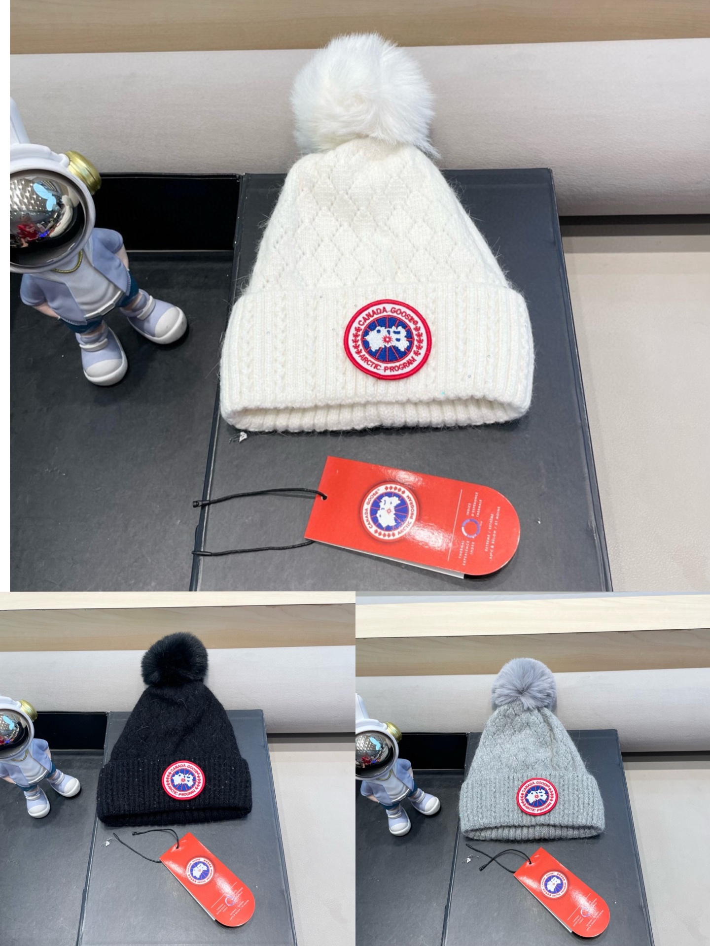 加拿大GOOSE大鹅真狐狸毛球毛线帽秋冬加绒加厚针织女保暖套头帽