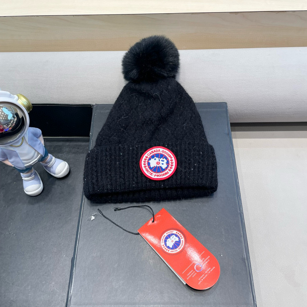 加拿大GOOSE大鹅真狐狸毛球毛线帽秋冬加绒加厚针织女保暖套头帽