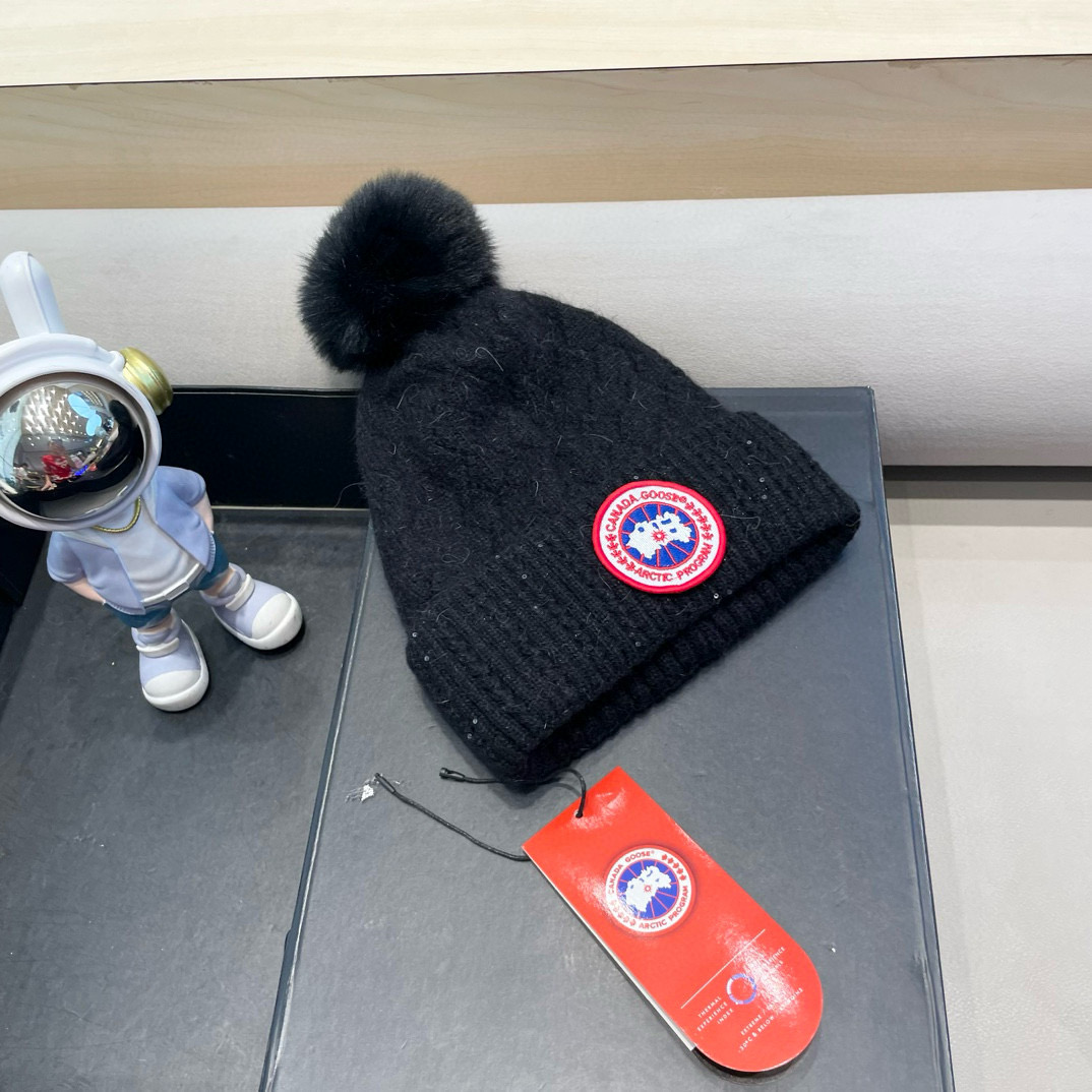 加拿大GOOSE大鹅真狐狸毛球毛线帽秋冬加绒加厚针织女保暖套头帽