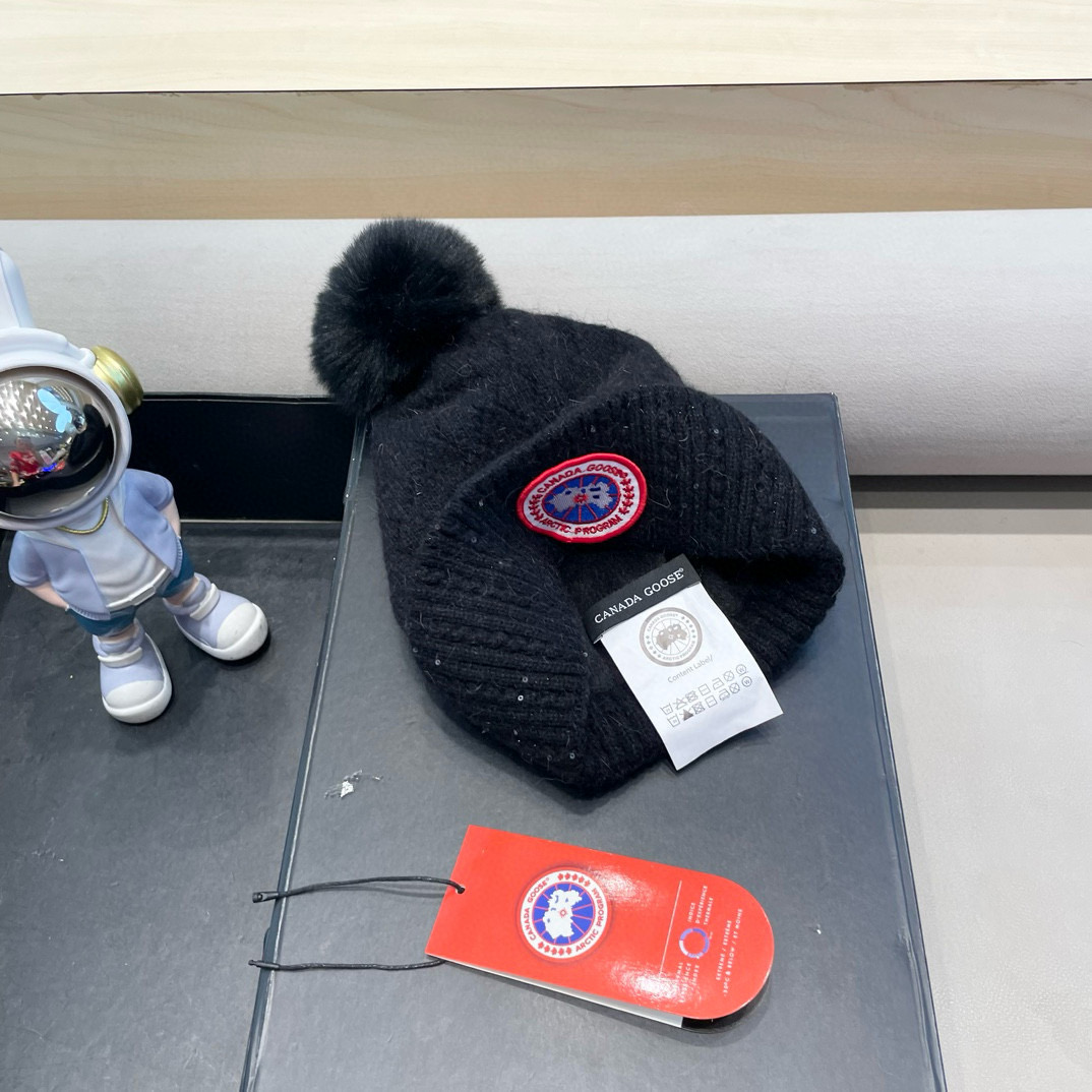 加拿大GOOSE大鹅真狐狸毛球毛线帽秋冬加绒加厚针织女保暖套头帽