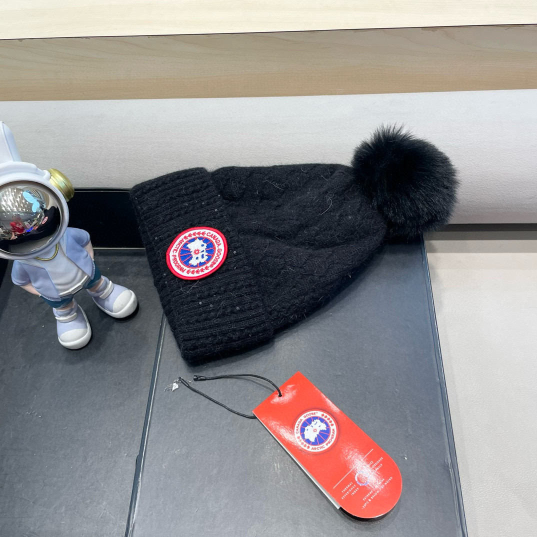 加拿大GOOSE大鹅真狐狸毛球毛线帽秋冬加绒加厚针织女保暖套头帽