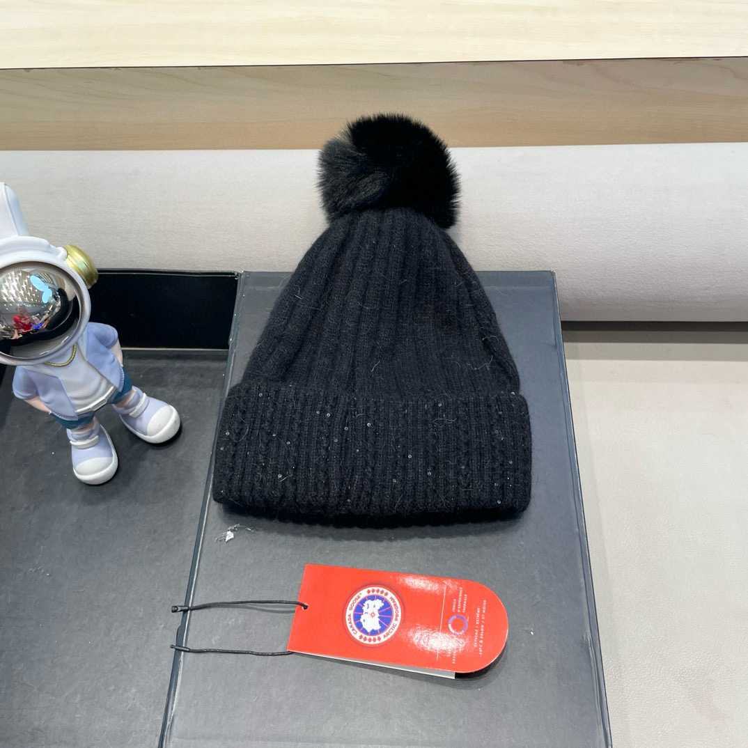 加拿大GOOSE大鹅真狐狸毛球毛线帽秋冬加绒加厚针织女保暖套头帽