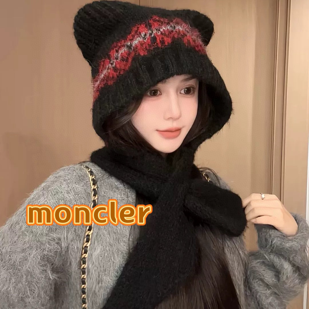 moncler可爱小熊帽子女秋冬护脖围巾一体针织帽户外保暖巴拉克法帽大头围