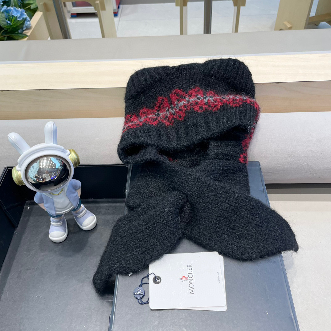 moncler可爱小熊帽子女秋冬护脖围巾一体针织帽户外保暖巴拉克法帽大头围